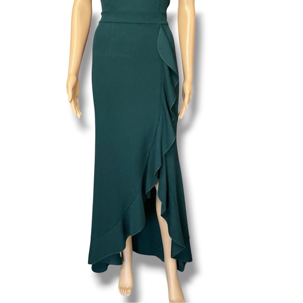 Sleeveless Hunter Green Halter Ruffle Front Evening Dress - Picture 4 of 14
